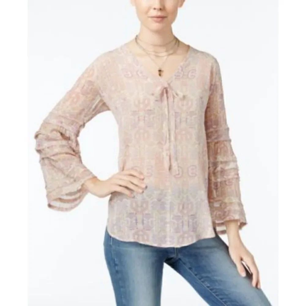 William Rast Haley Tie Front Printed Peasant Blouse Shear Women's Size Large.Ar